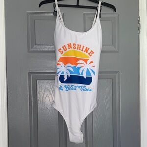 White one-piece Orange & Blue 'Sunshine & Good Vibes' print palm tree Size XL